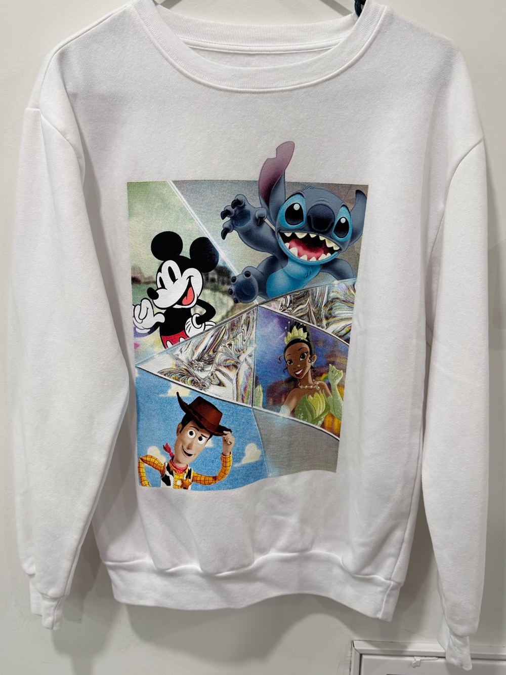 Disney White Crewneck Sweatshirt with Colorful Character Collage